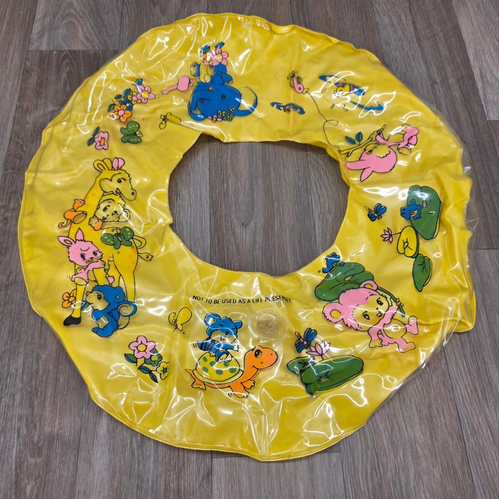 Vintage Yellow Inflatable Swim Ring‎ Animal Graphics Retro Pool Float 18 Inch